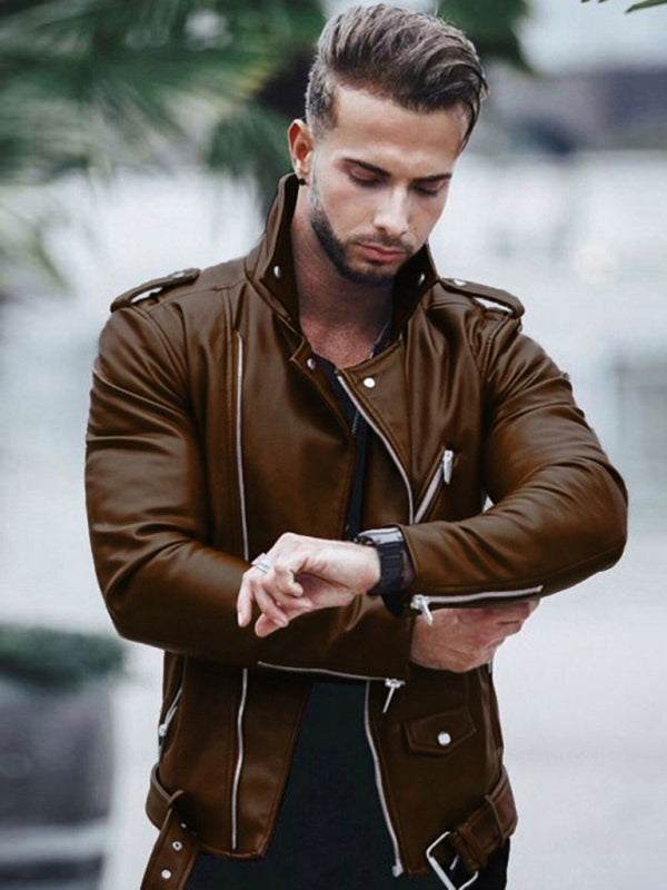 jackets - Chic Men's Zippered Leather Biker Jacket for Bold Style and - jackets | MENLL
